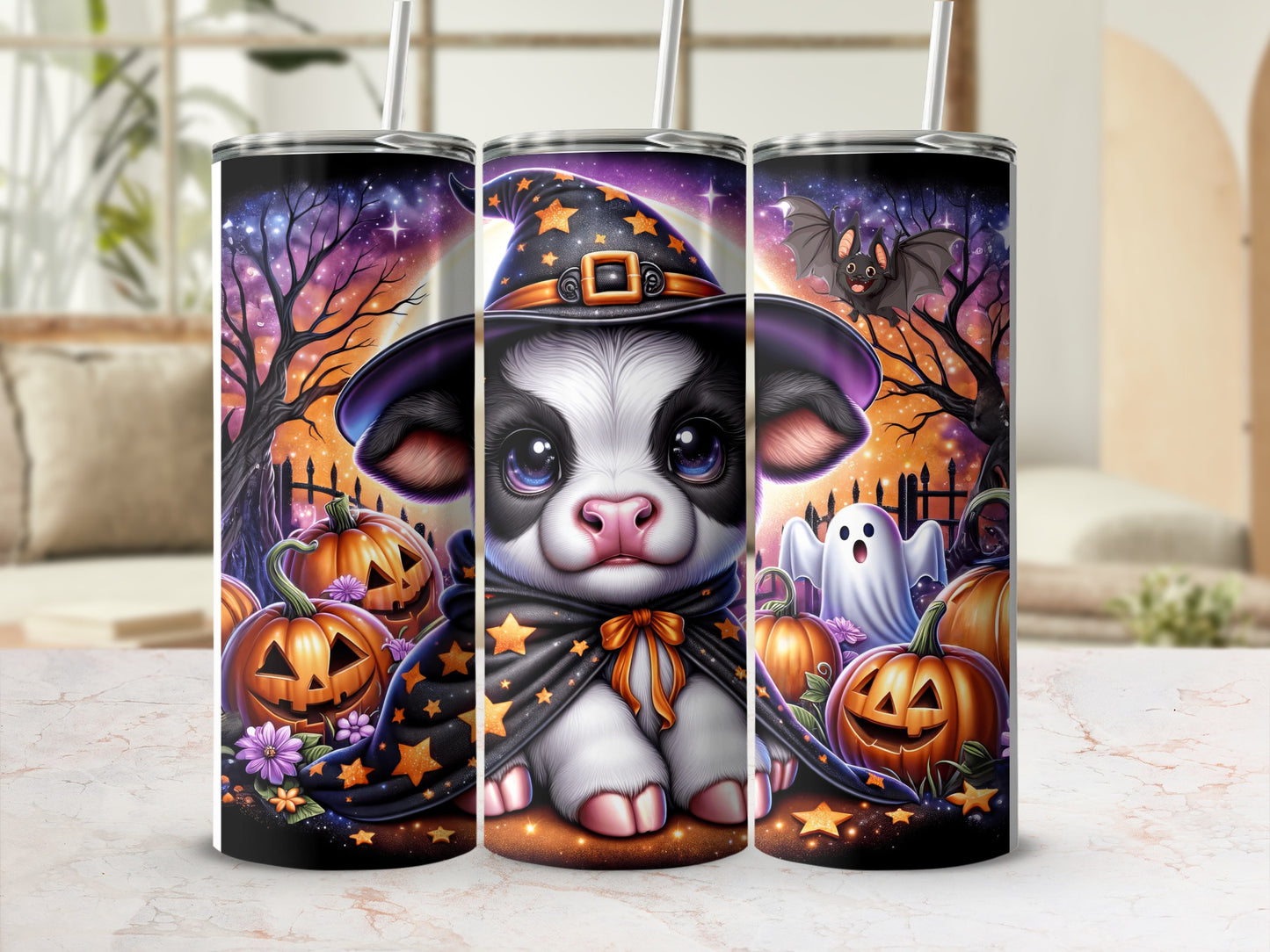 Cow wearing witch hat and cape with pumpkins and ghost.