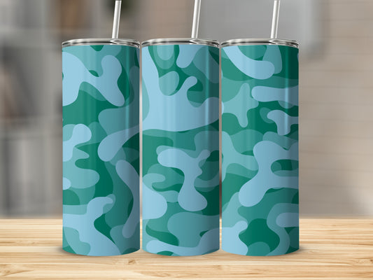 Blue and Green Camouflage Tumbler with Straw