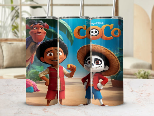 Miguel and Hector characters from Disney Pixar's Coco movie on a tumbler.