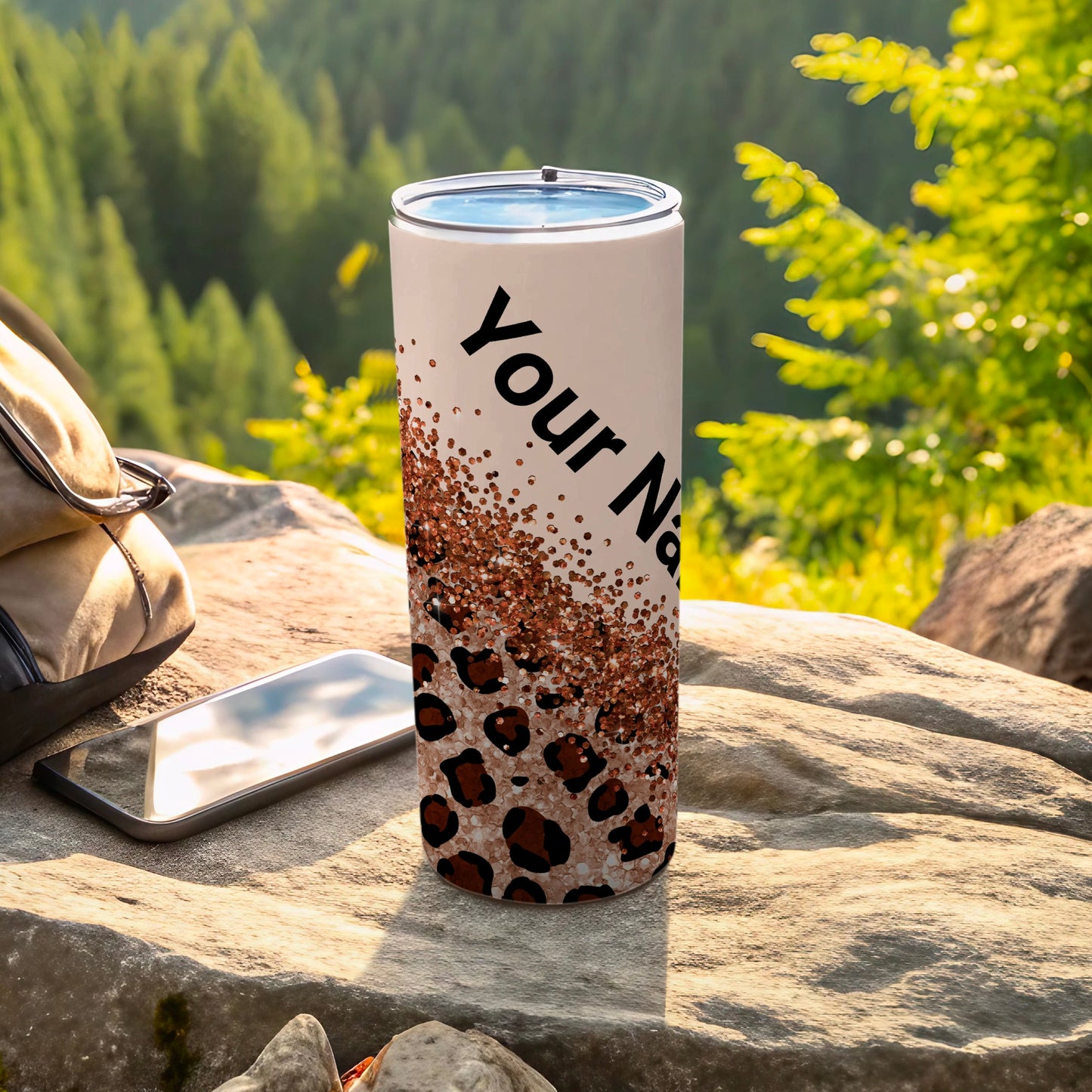 Personalized Tumblers with Glitter and Leopard Print Design