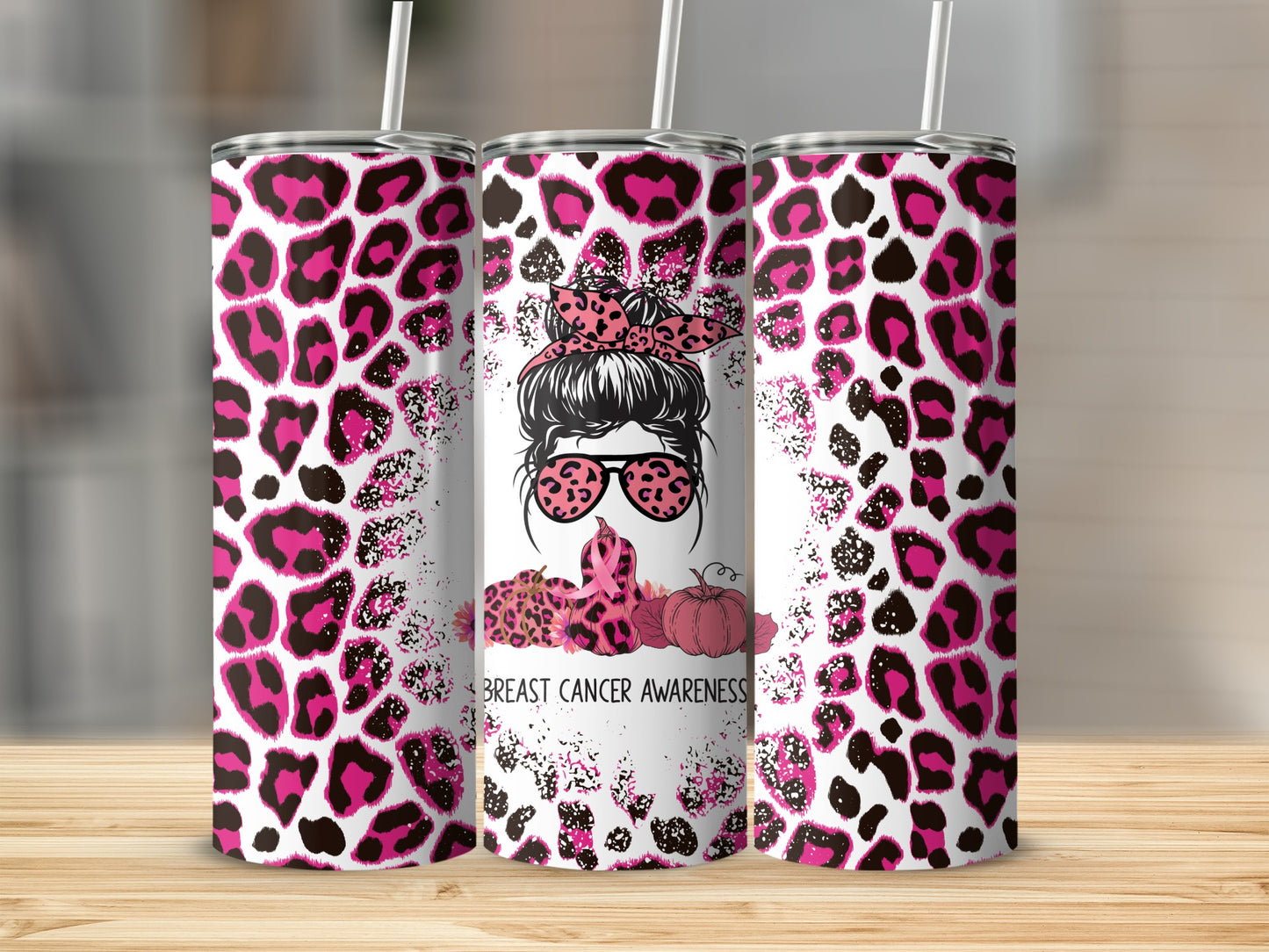 Tumbler with pink leopard print and "Breast Cancer Awareness" text.