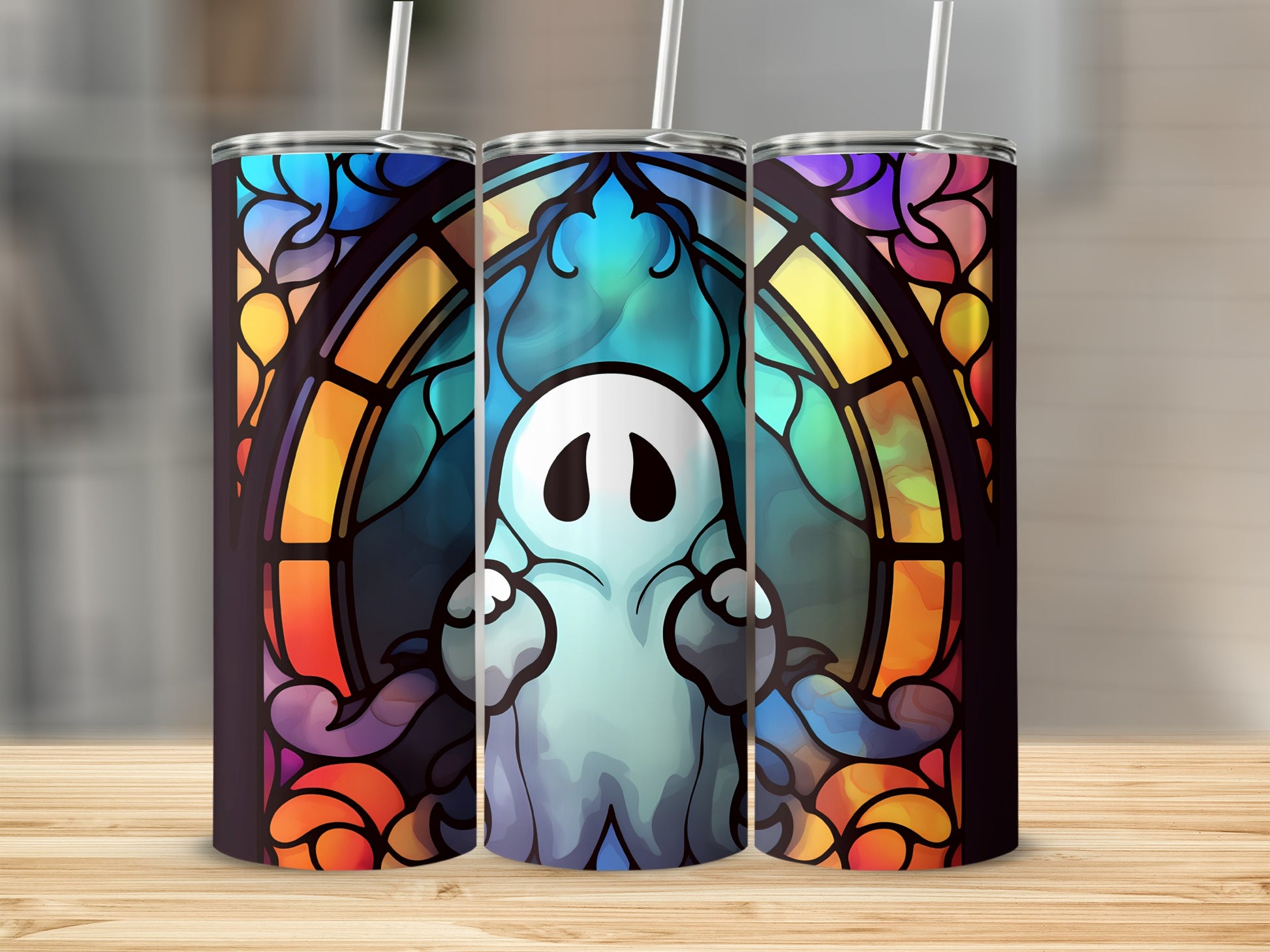 Ghost in stained glass design on a tumbler.