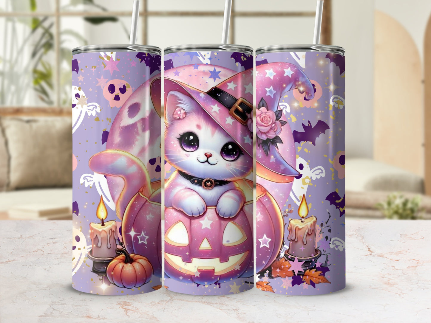 Cute Halloween Cat with Pumpkin Witch Hat Tumbler