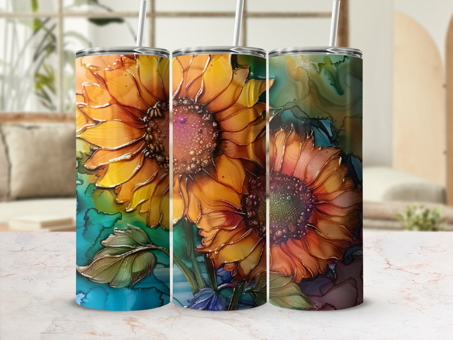 Three tumblers featuring vibrant, close-up sunflower designs on an abstract background.