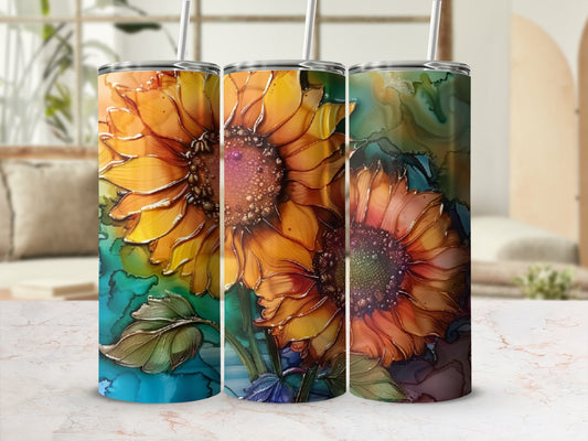 Three tumblers featuring vibrant, close-up sunflower designs on an abstract background.