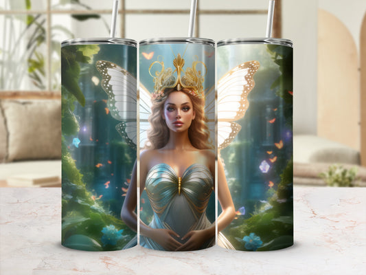 Fairy princess in ornate crown, wearing blue and gold dress, surrounded by nature.