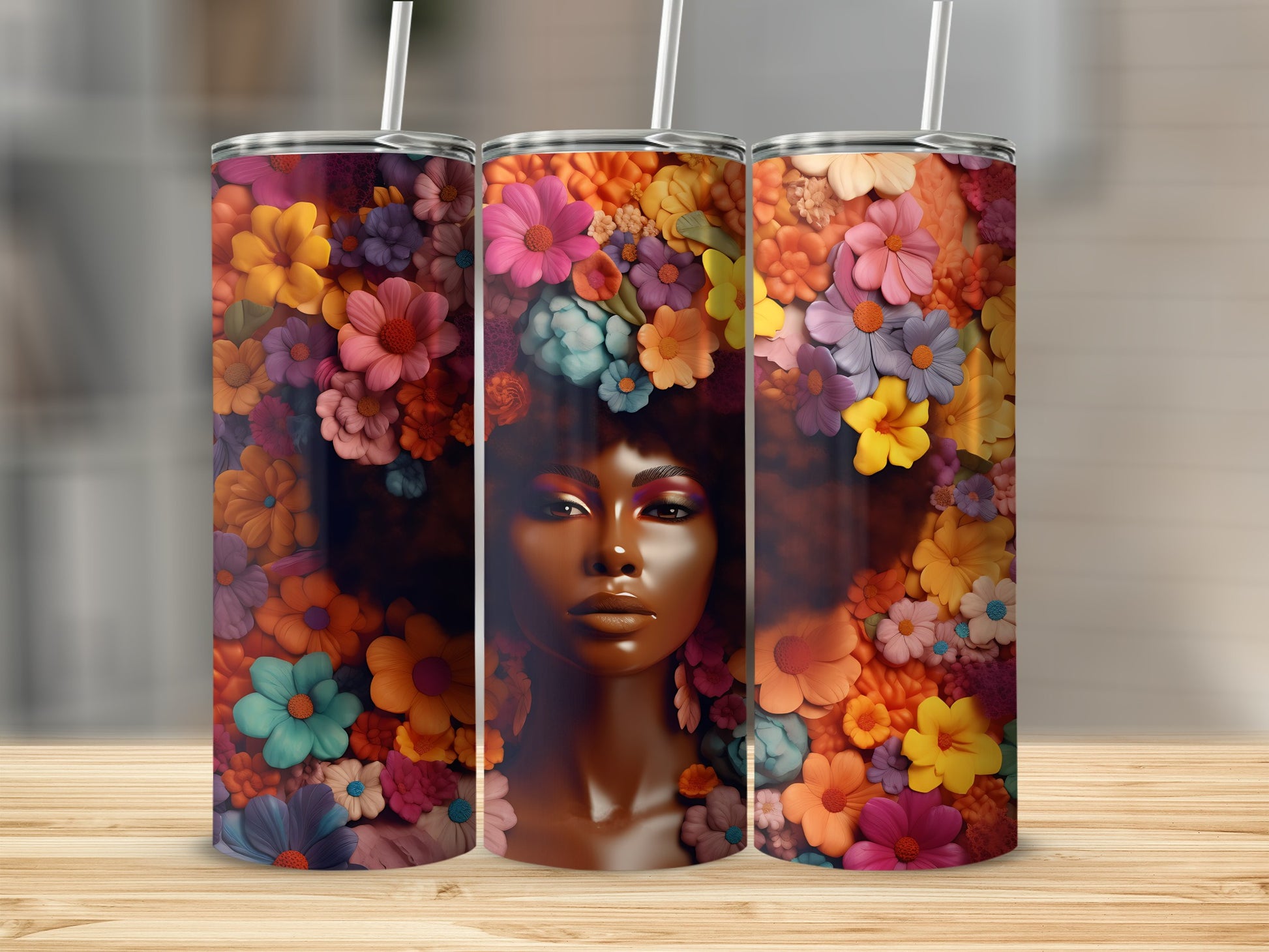 Tumbler with a woman's face emerging from a floral crown.