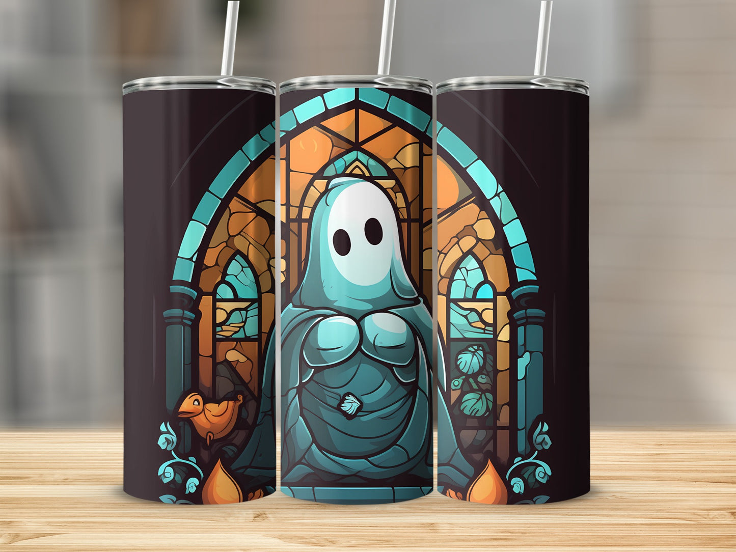 Ghost in stained glass, with floral accents, on a tumbler.