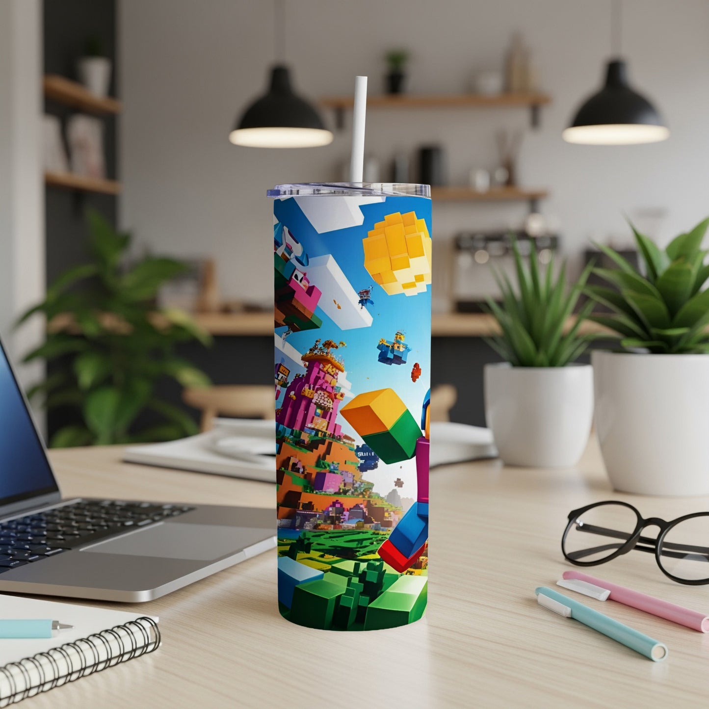 Minecraft tumbler featuring characters and blocks from the game.