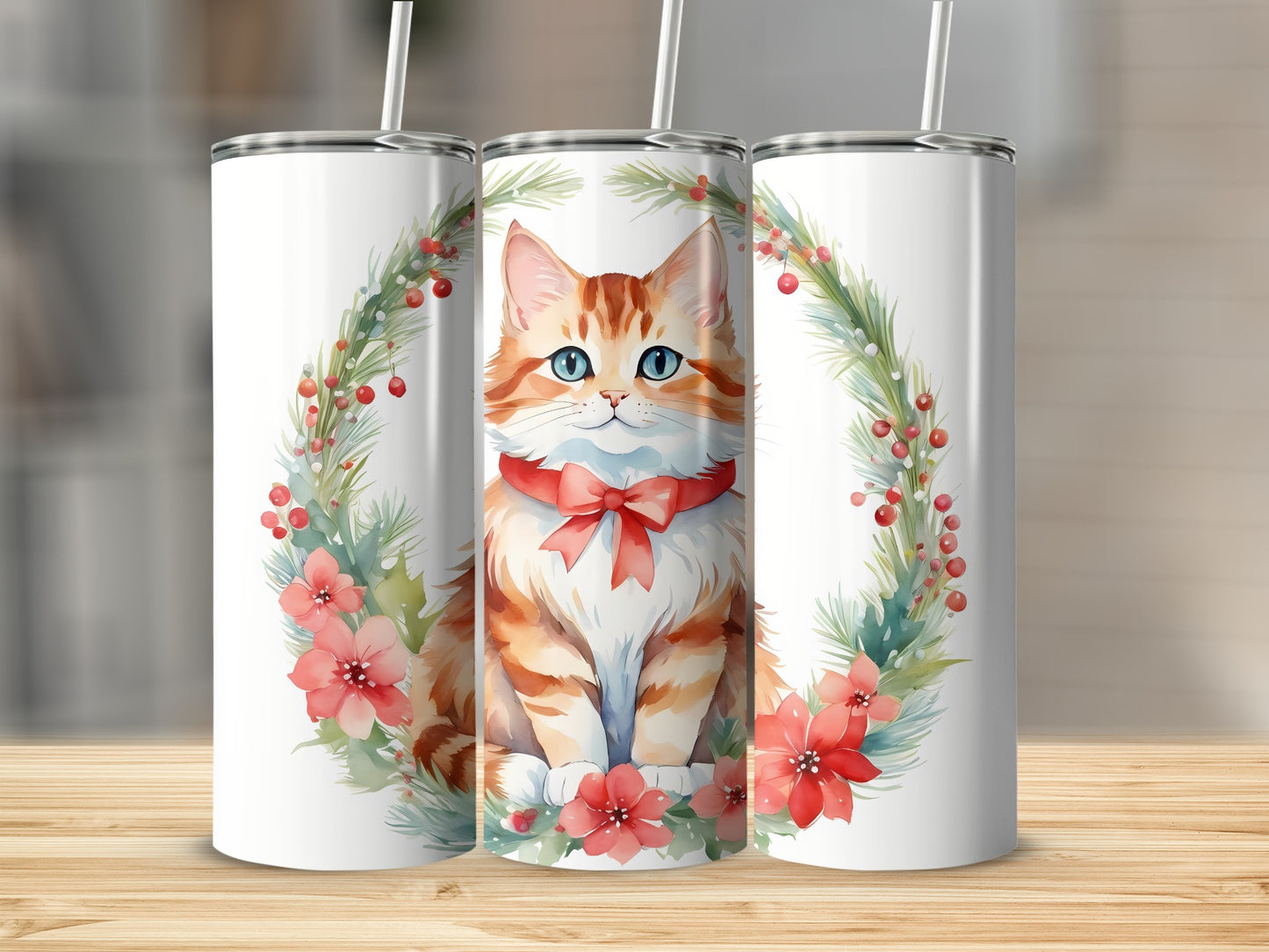 Orange tabby cat with blue eyes and red bow on wreath.