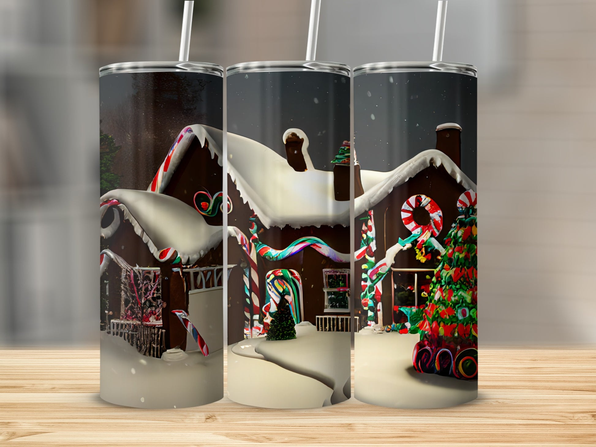Three tumblers show a snow-covered gingerbread house with candy cane accents and a decorated tree.