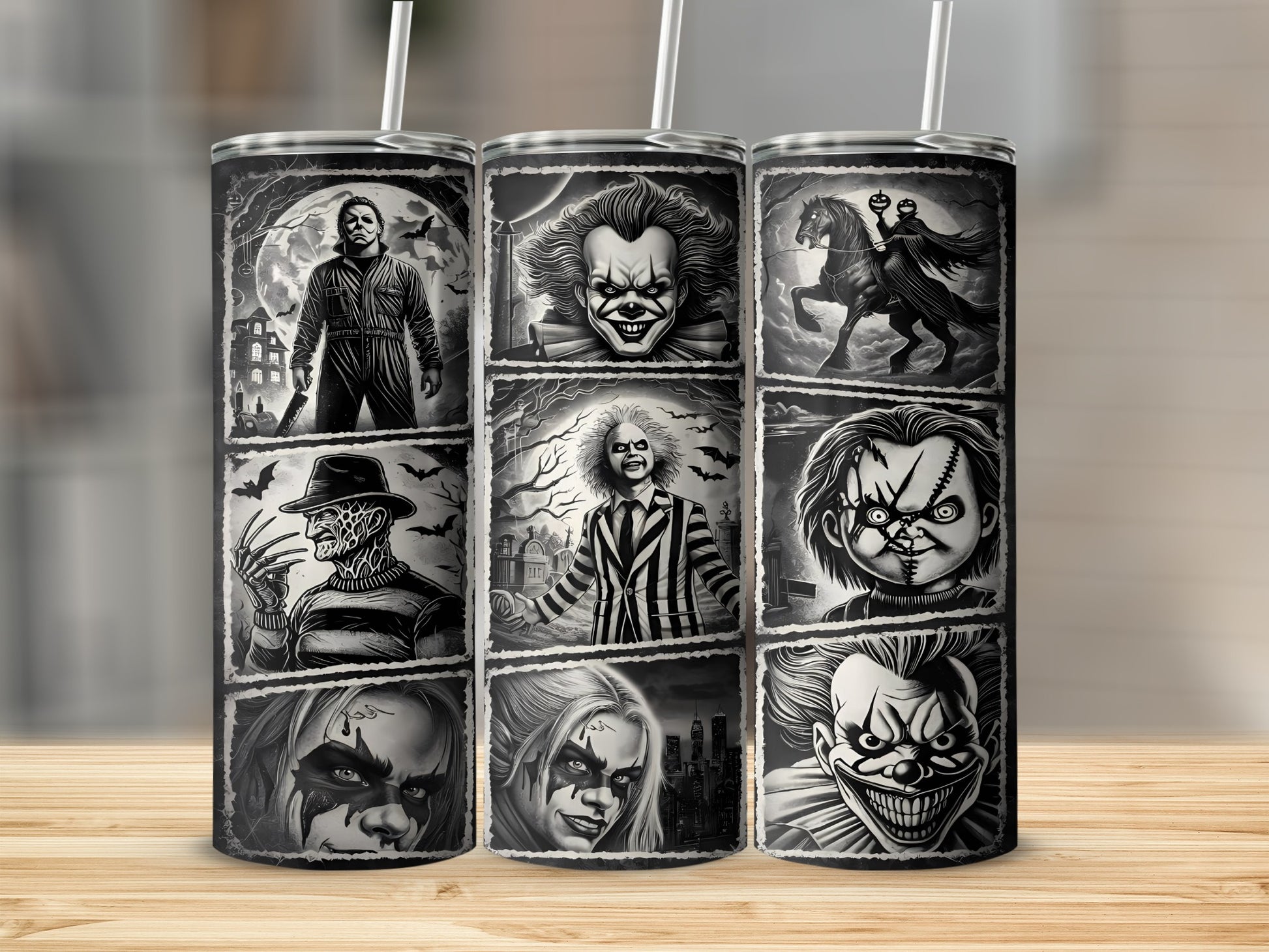 Tumbler with a grid of horror movie characters including Michael Myers, Pennywise, Freddy Krueger, and Chucky.