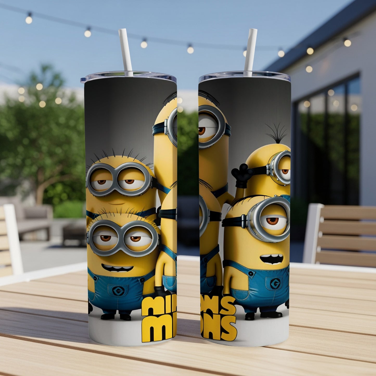 Two Minions characters on a tumbler with "Minions" text.