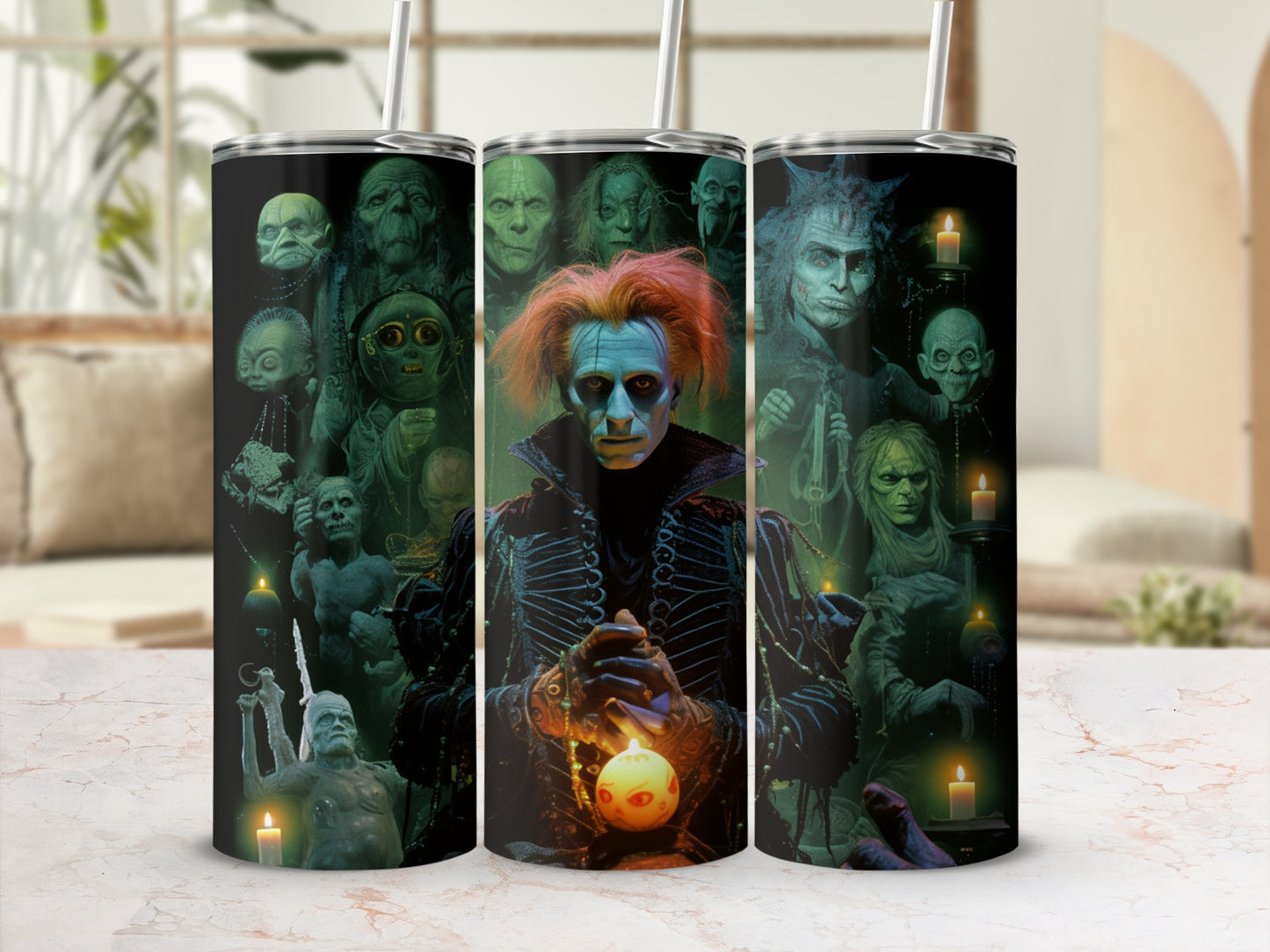 Tumbler with a montage of dark, gothic figures and a central figure holding a glowing orb.