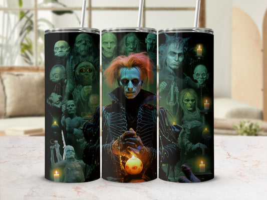 Tumbler with a montage of dark, gothic figures and a central figure holding a glowing orb.