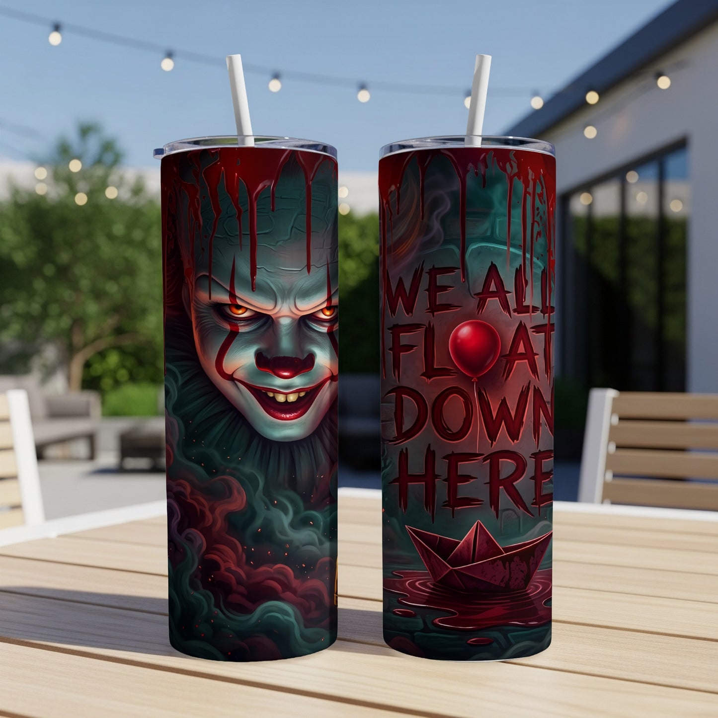 Two tumblers featuring Pennywise and the text "We all float down here."