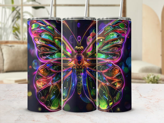 Three tumblers featuring a vibrant, iridescent butterfly design.