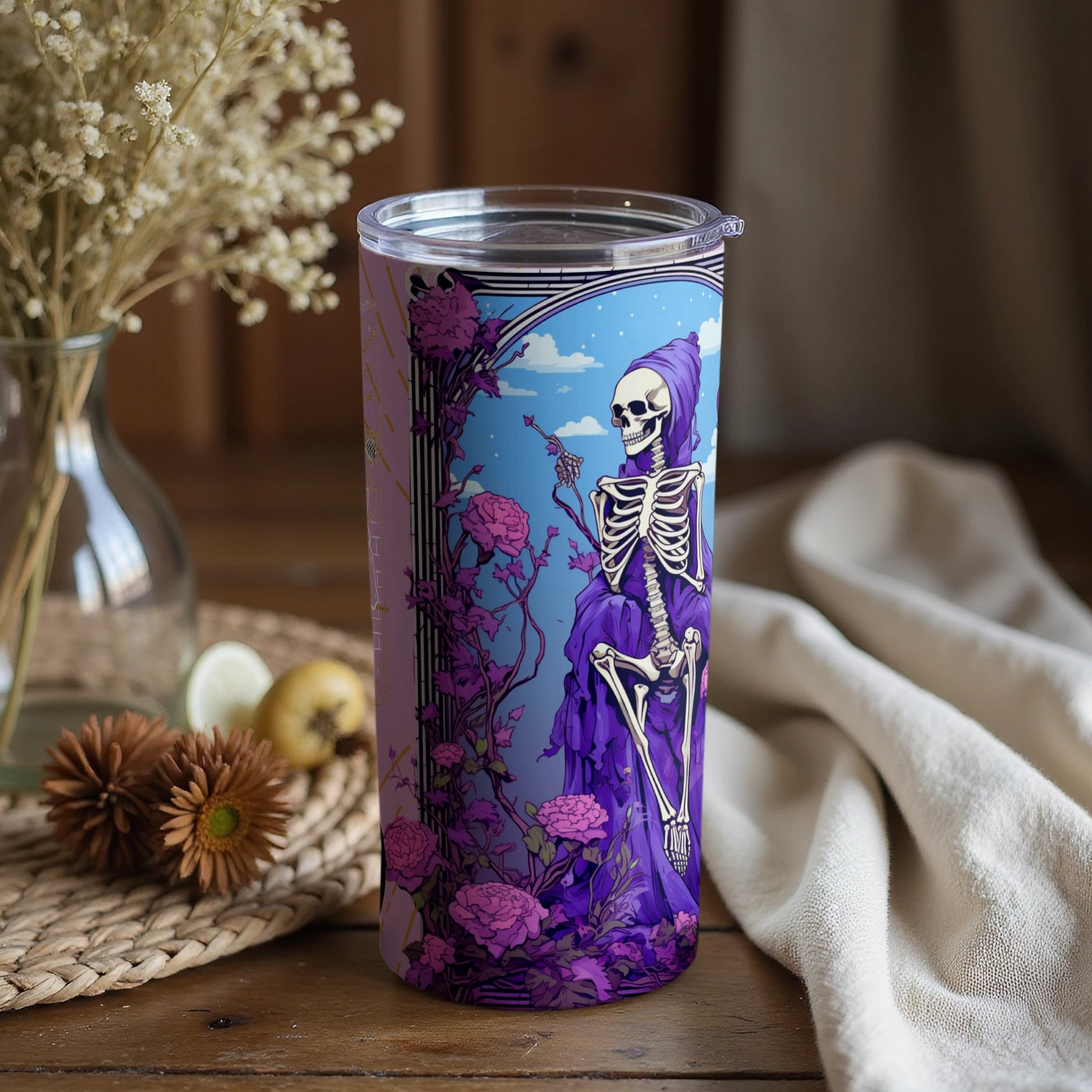 Artistic Skeleton Design Tumbler with Floral Accents