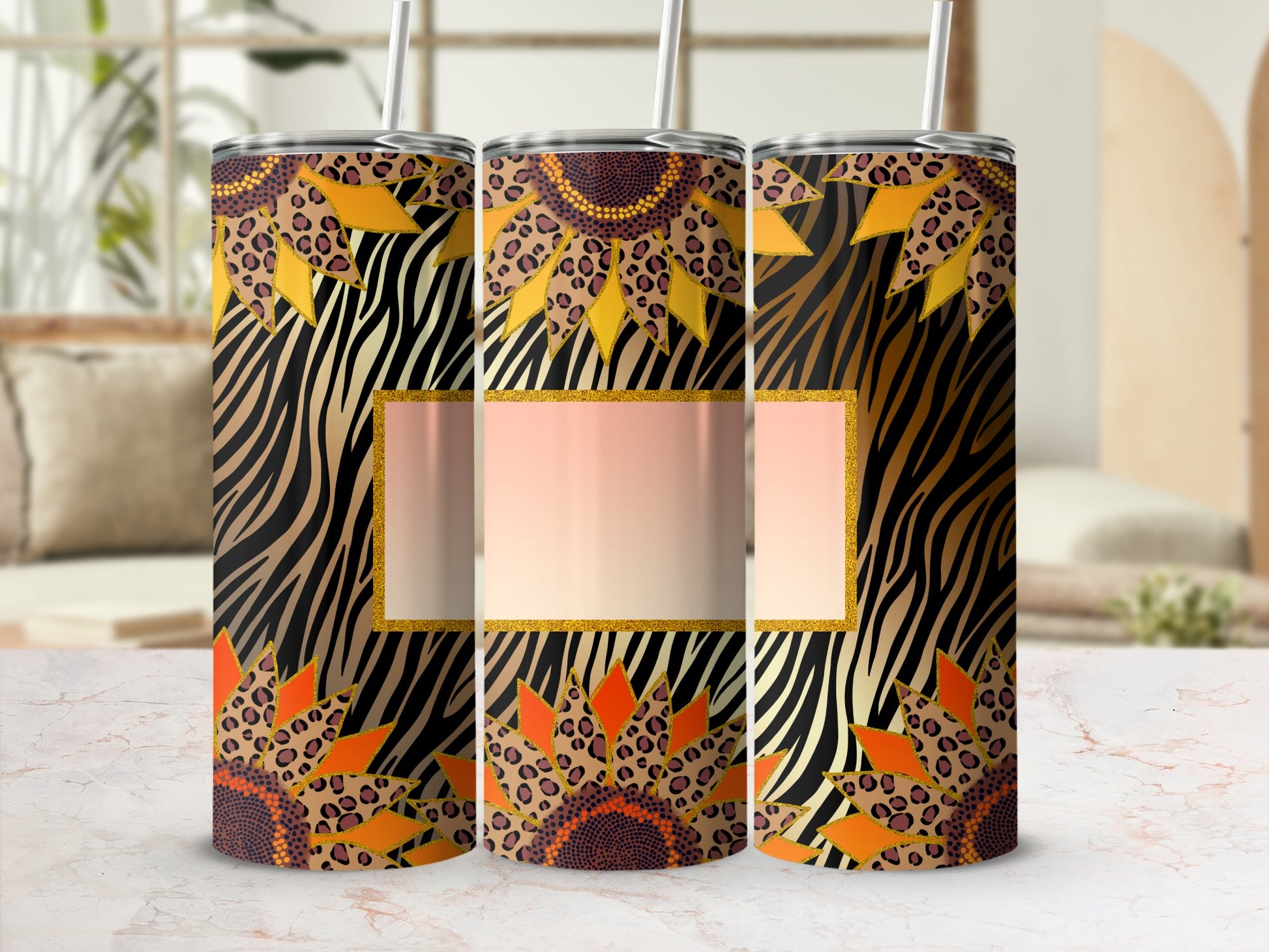 Triptych of tumblers with animal print and sunflower designs.