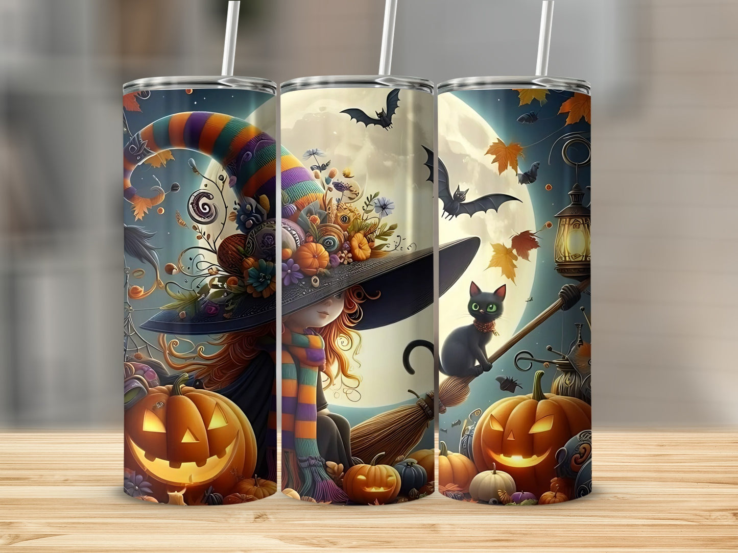 Three tumblers feature Halloween scenes with witches, pumpkins, bats, and a black cat.