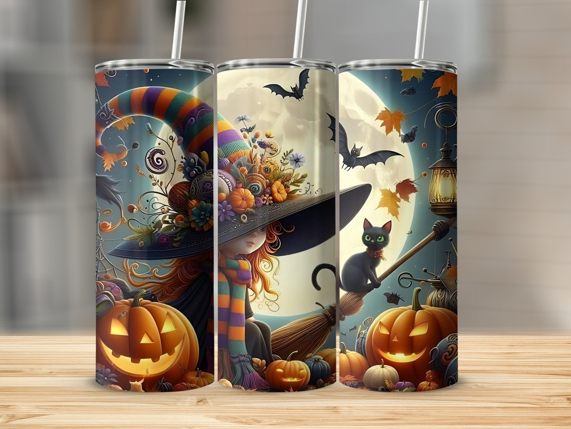 Three tumblers feature Halloween scenes with witches, pumpkins, bats, and a black cat.