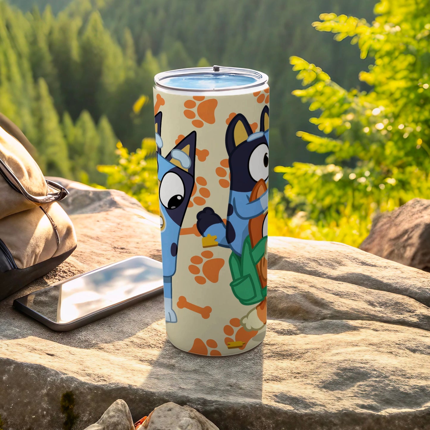 Cute Cartoon Dog Pattern Travel Tumbler with Blue Lid