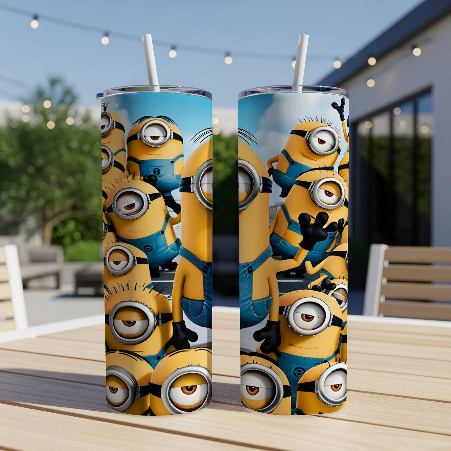 Minions characters on a blue and yellow tumbler with straws.