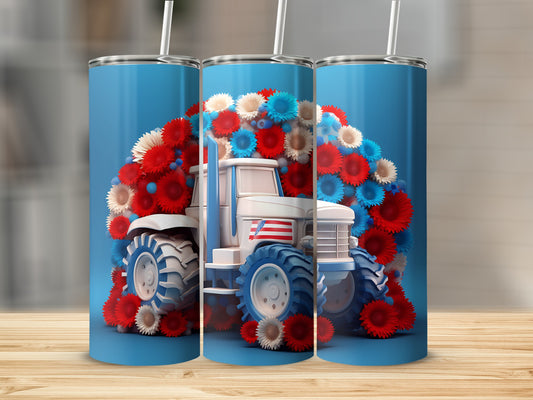 White tractor with red, white, and blue flowers on blue background.