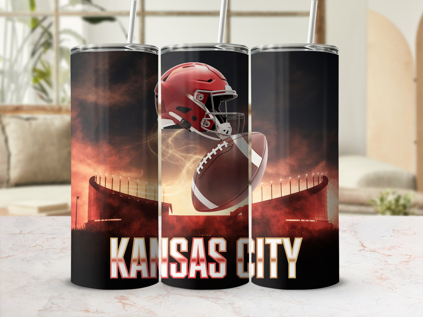 Tumbler with Kansas City Chiefs helmet, football, and stadium.