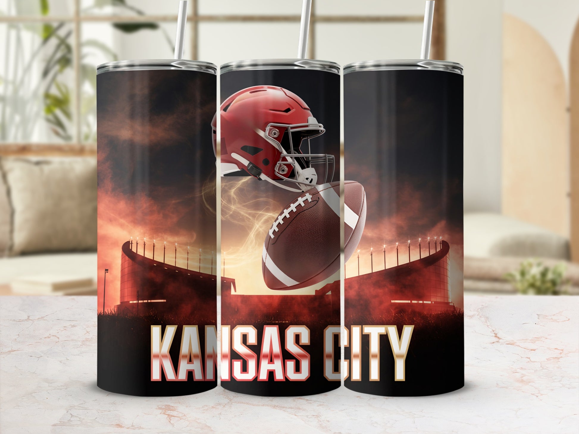 Tumbler with Kansas City Chiefs helmet, football, and stadium.