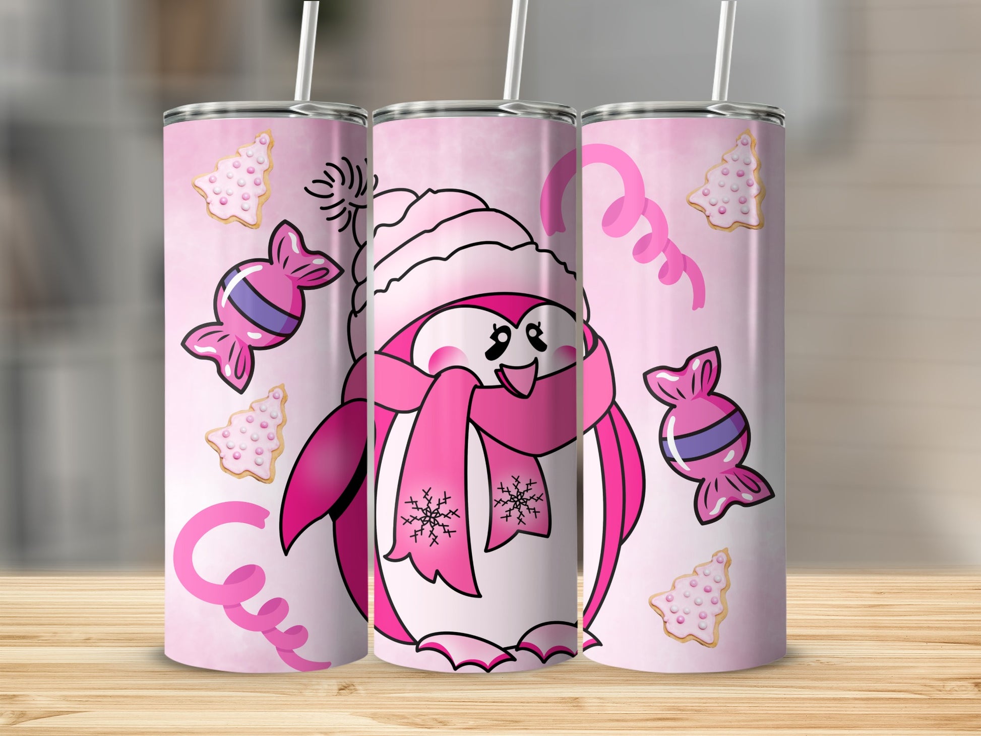 Cute Pink Penguin with Candy and Snowflakes product