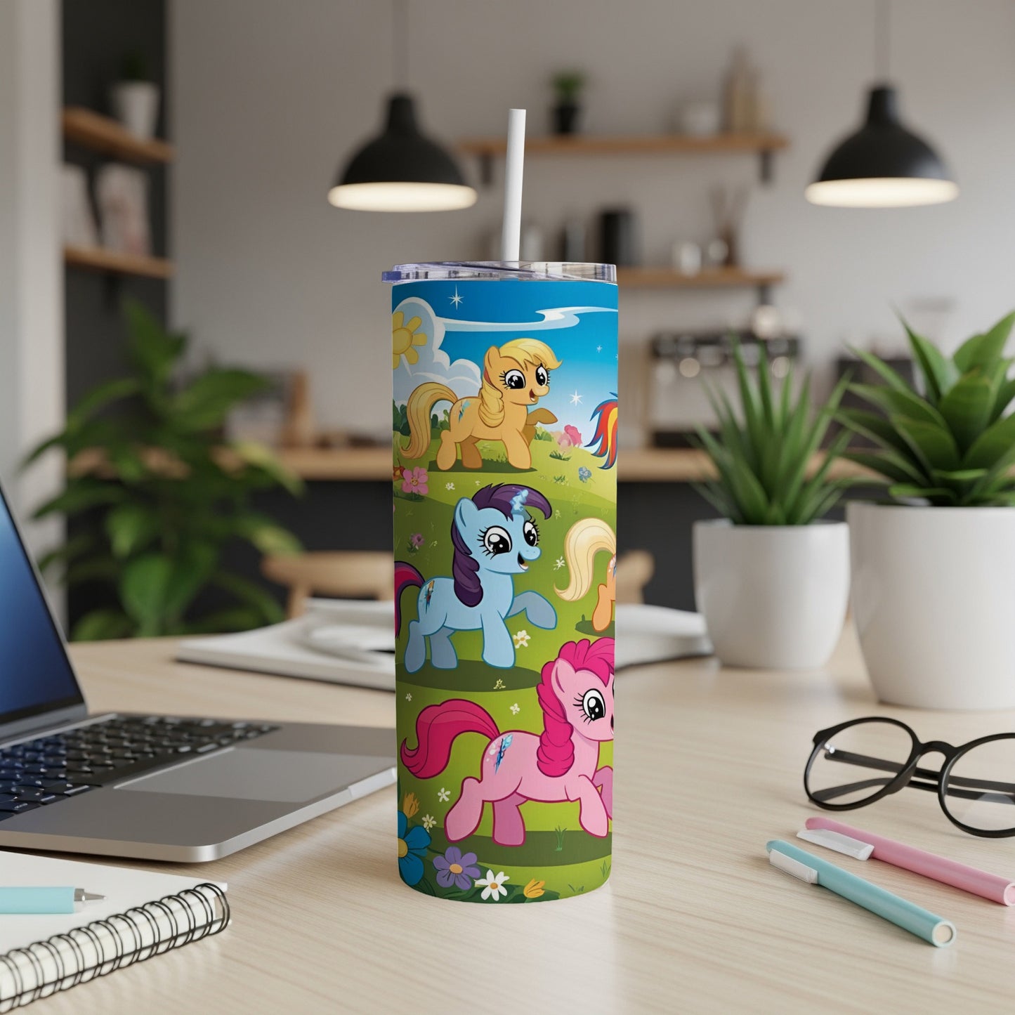 My Little Pony characters on a colorful, slim tumbler with a straw.