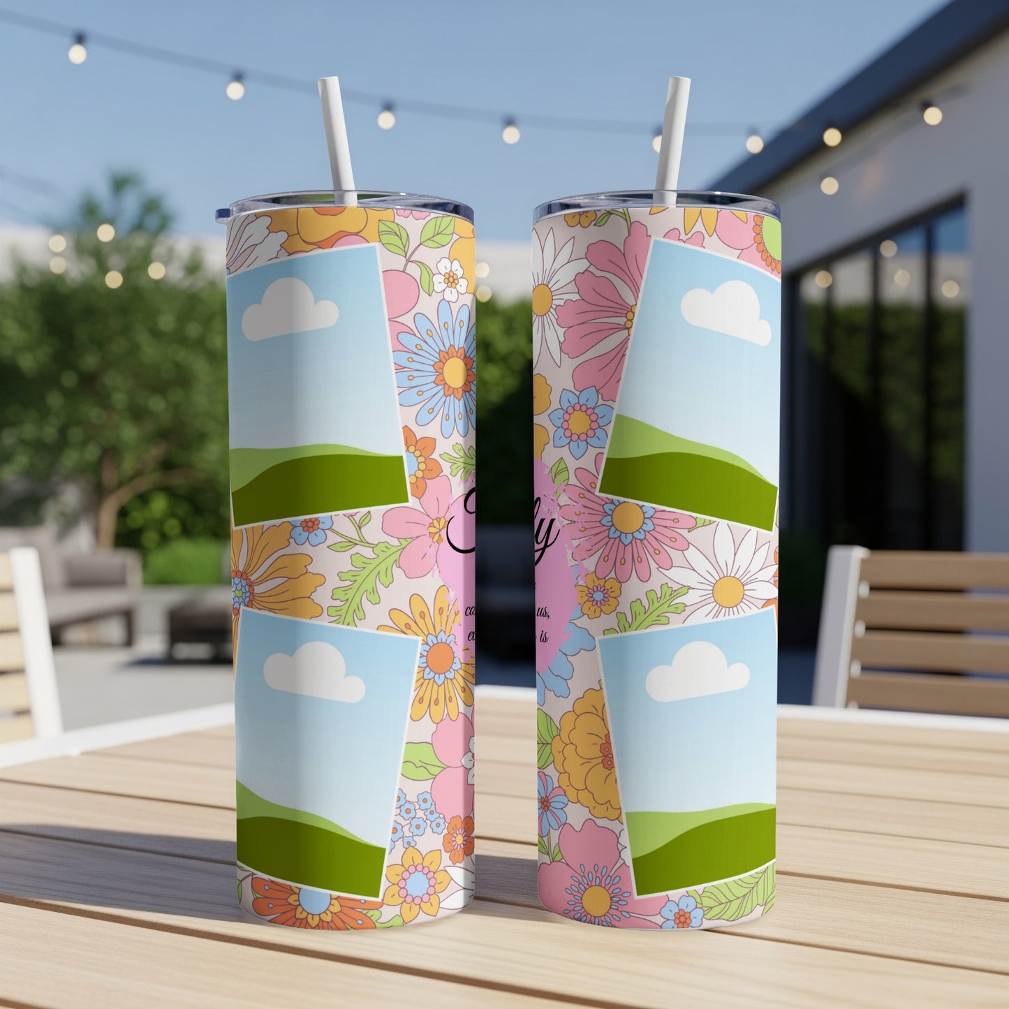 Two tumblers with retro floral pattern and collage of sky, clouds, and rolling hills.