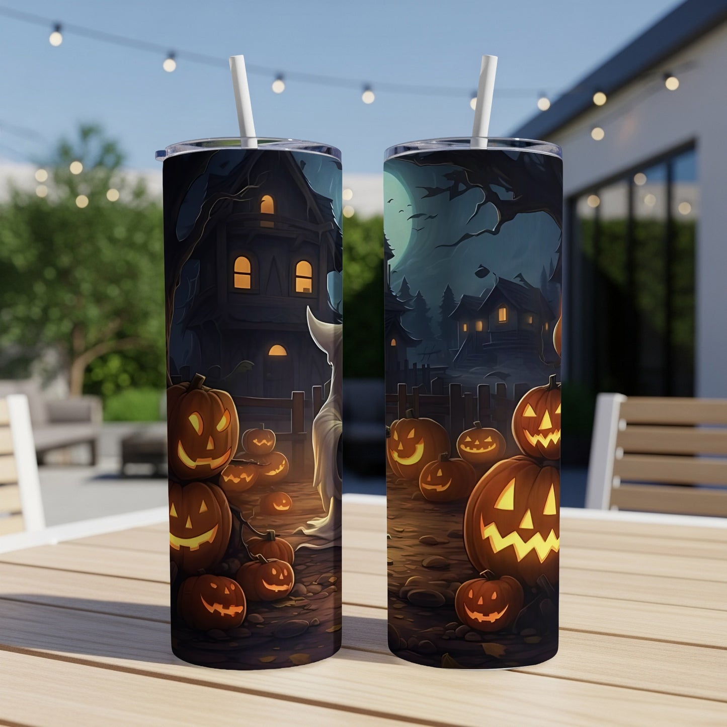 Halloween tumbler with spooky haunted house, Jack-o'-lanterns, and a ghost on a dark, moonlit background.