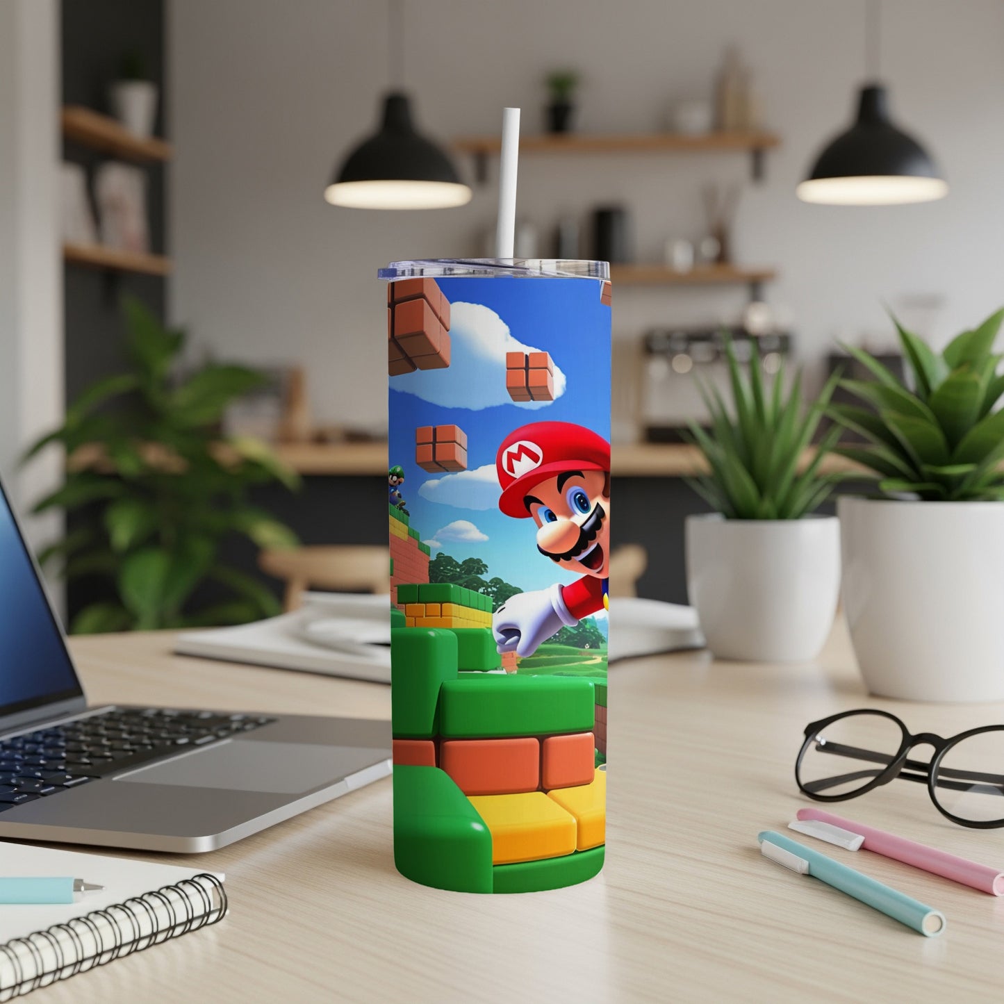 Super Mario character on a green and orange brick platform with a blue sky background.