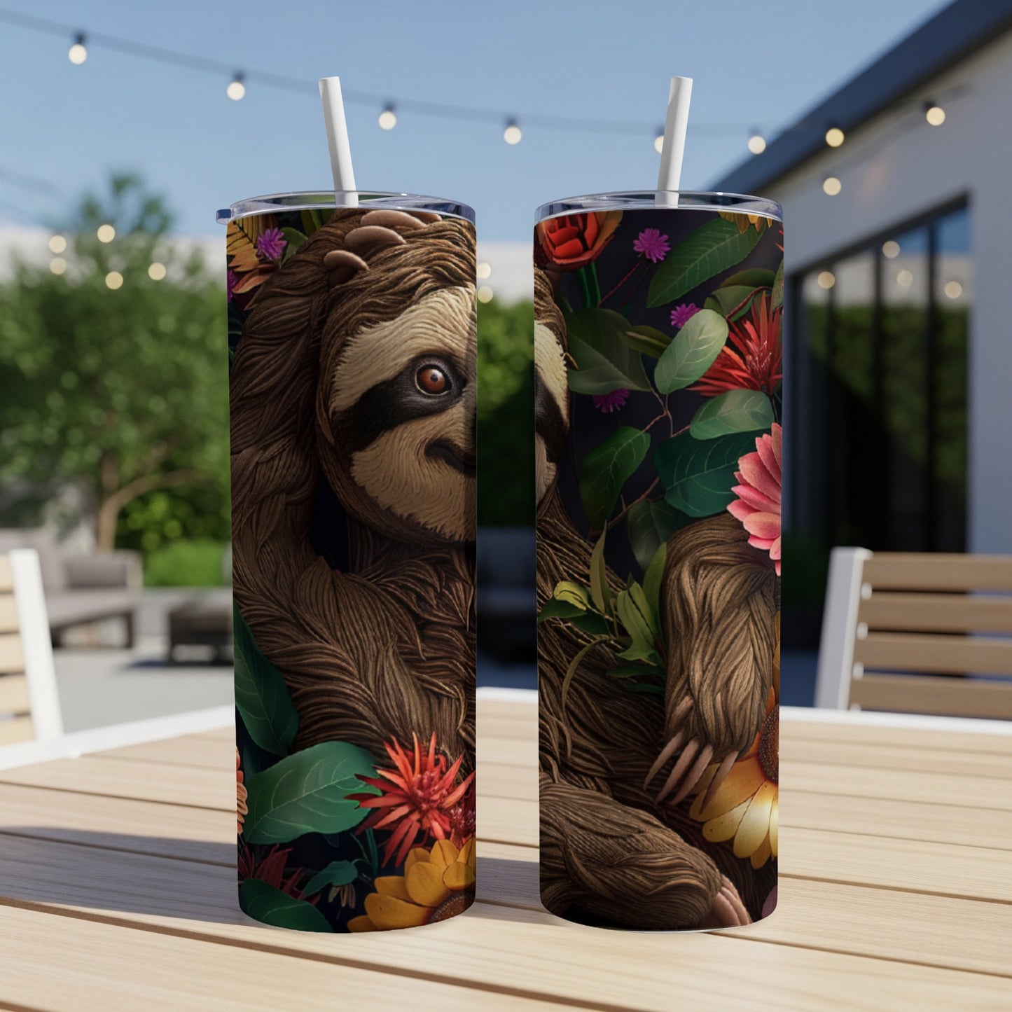 Two tall tumblers with a sloth and floral design on an outdoor table.
