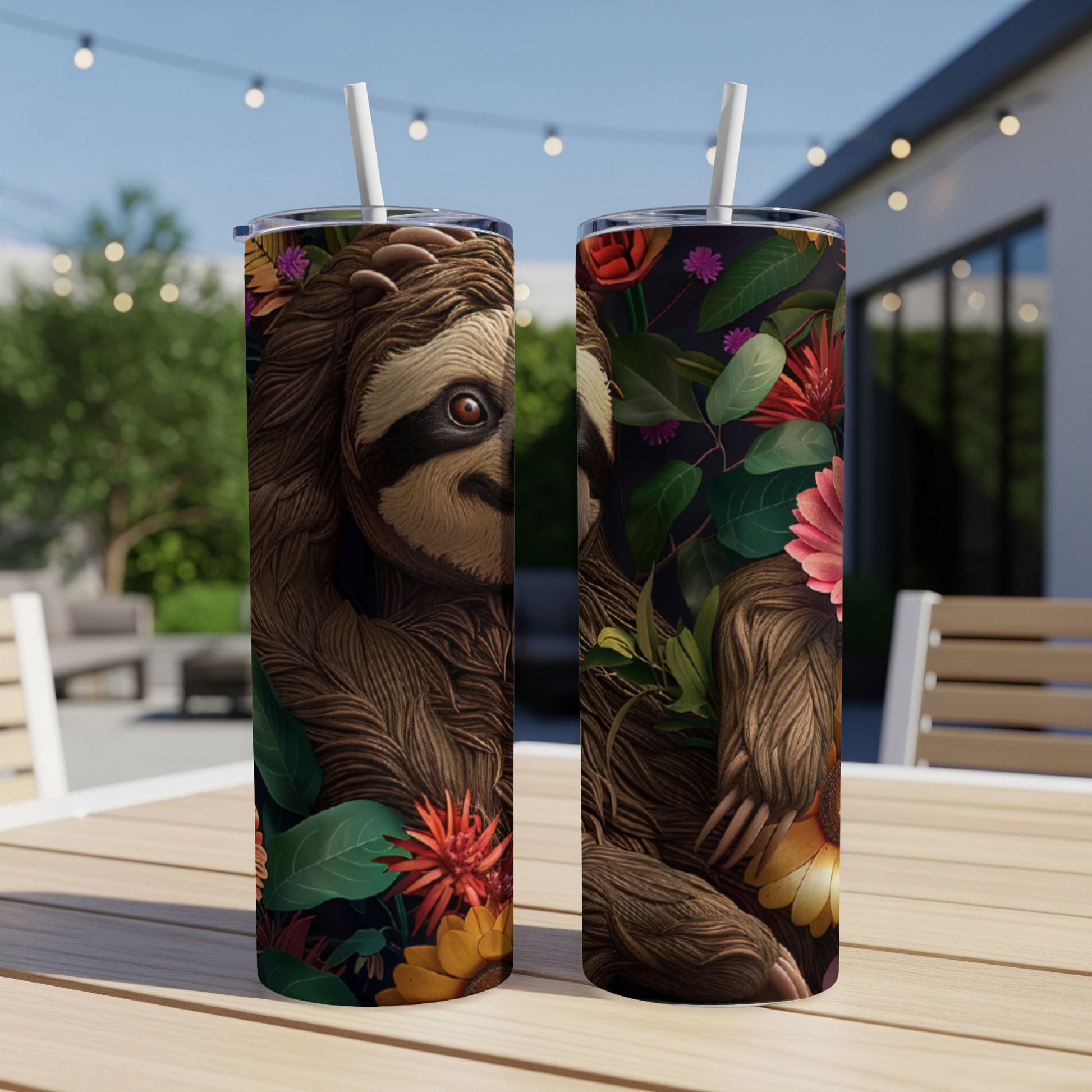 Two tall tumblers with a sloth and floral design on an outdoor table.