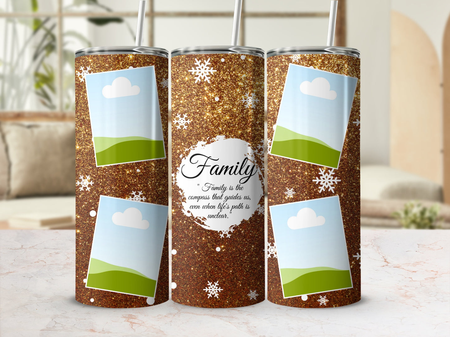 Glittery brown tumbler with snowflakes and photo placeholders, reads "Family".