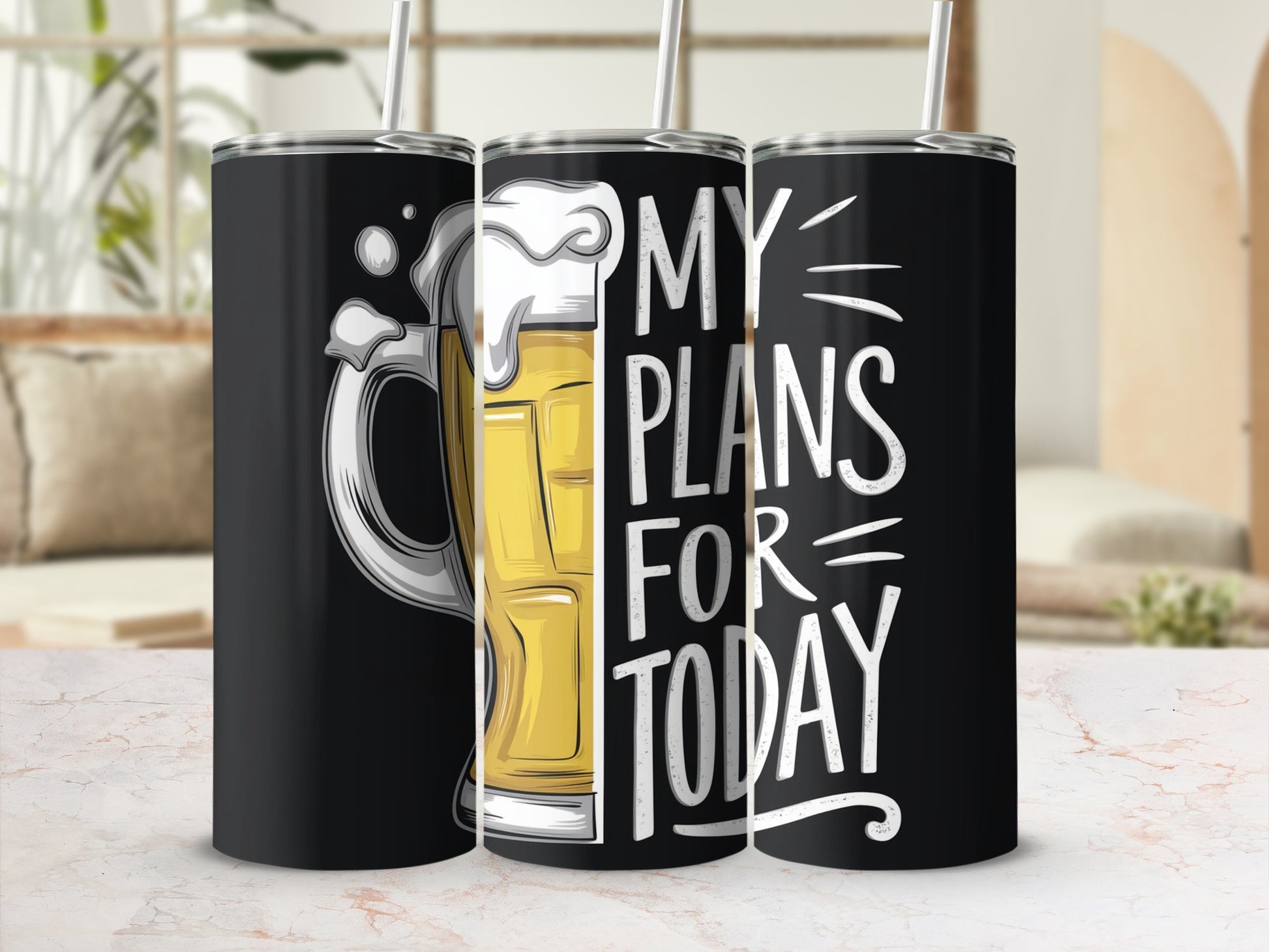 Black tumbler with beer mug graphic and text "MY PLANS FOR TODAY".