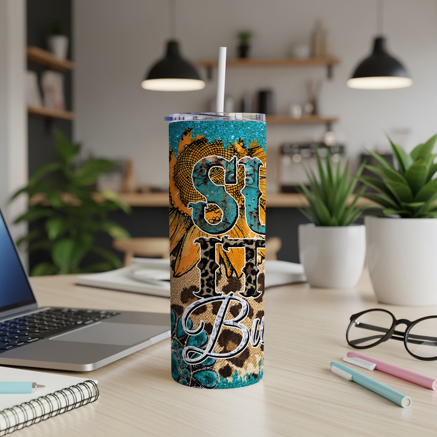Sunflower and leopard print tumbler with "Sunshine and Texas" text.