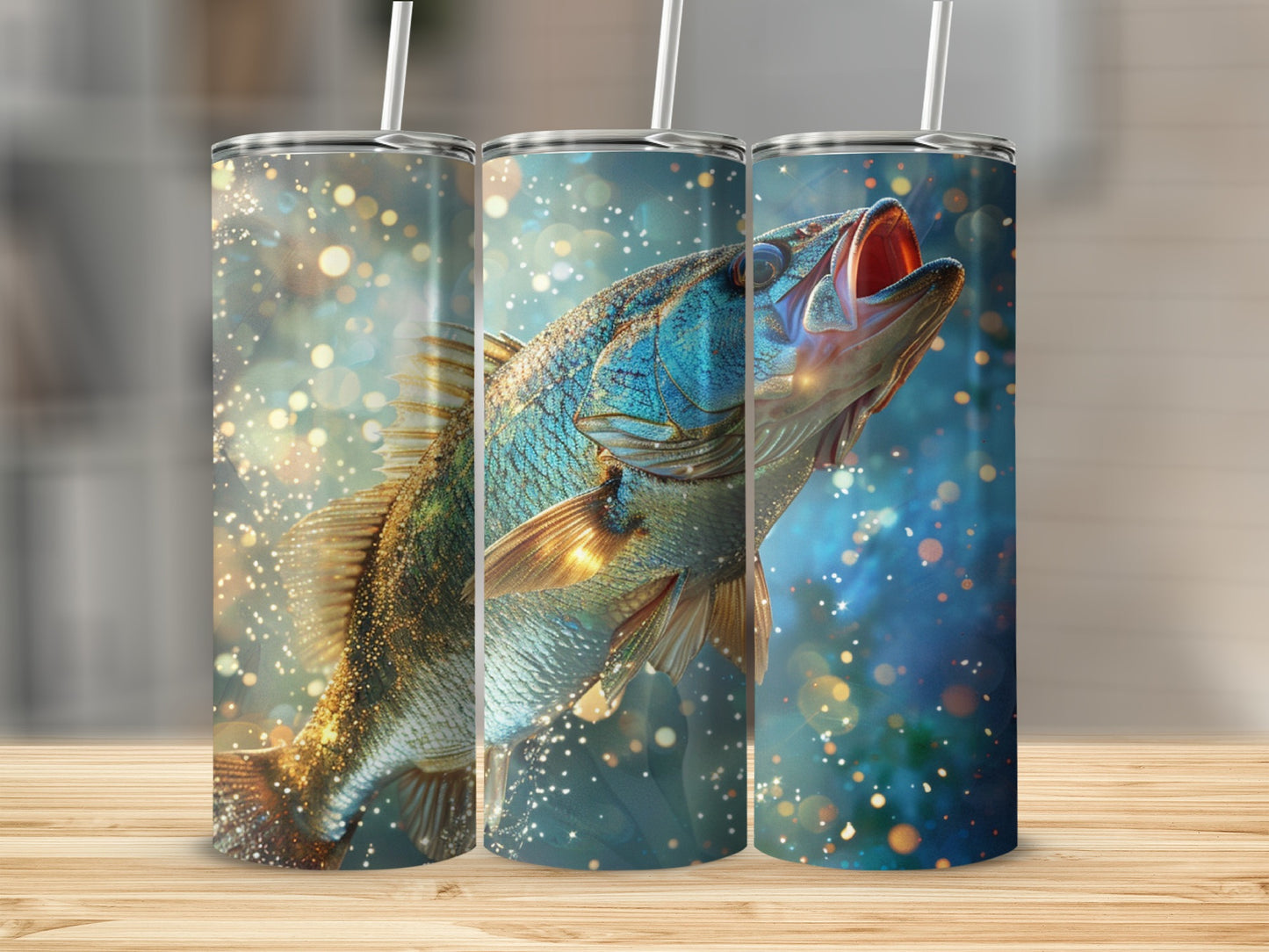Three tumblers featuring a detailed bass fish jumping from water with bokeh lights.