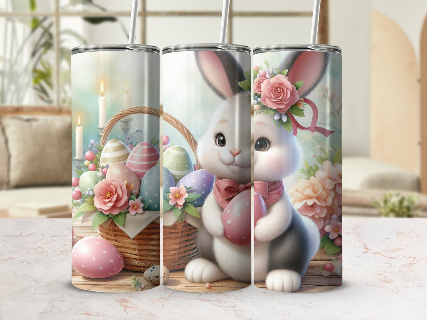 Easter bunny holding pink egg near basket of colorful eggs and flowers.