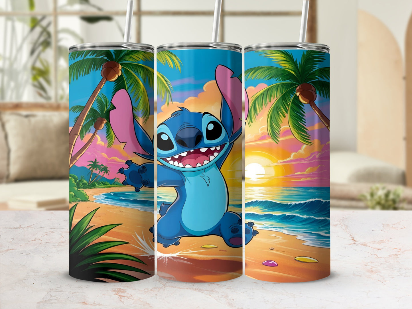Stitch on a beach with palm trees and a sunset.