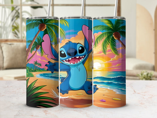 Stitch on a beach with palm trees and a sunset.