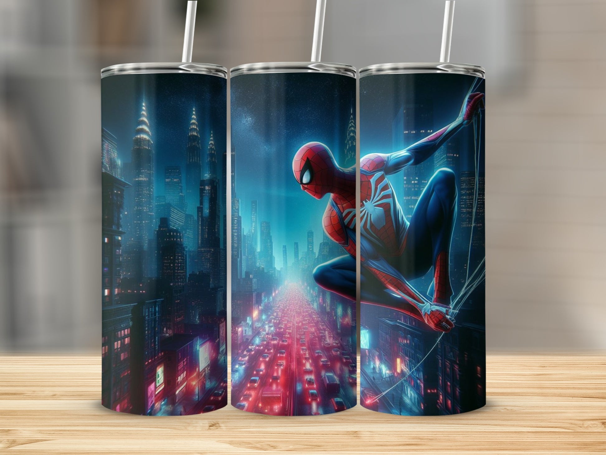 Spider-Man Swinging Over Cityscape Tumbler