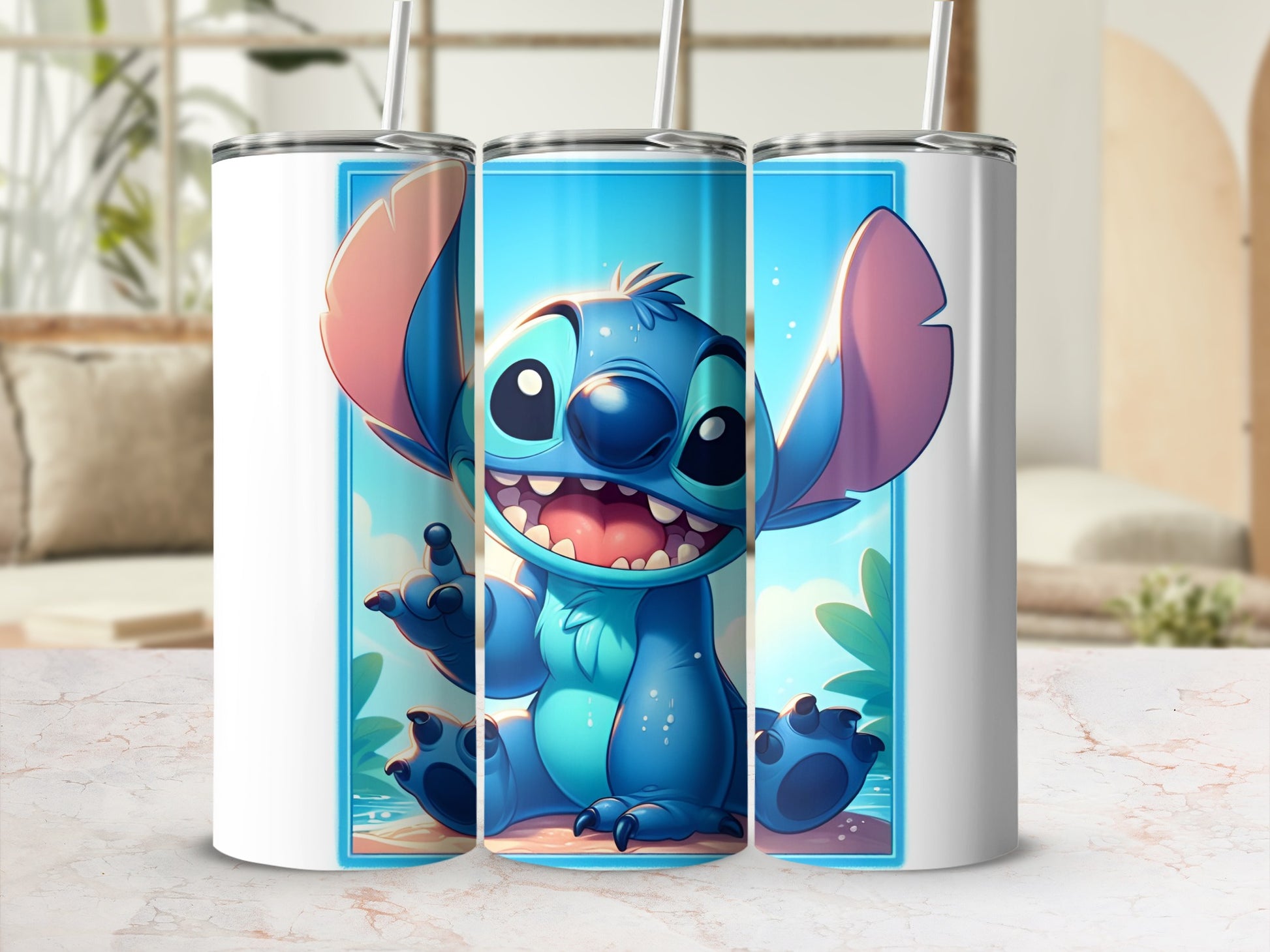 Blue Stitch character from Lilo & Stitch on a tumbler.