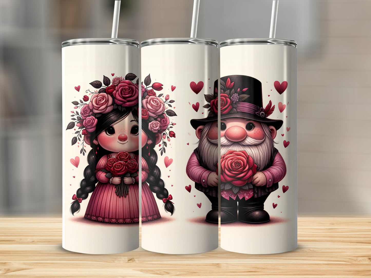 Valentine's Day gnome and girl tumbler designs with hearts and flowers.
