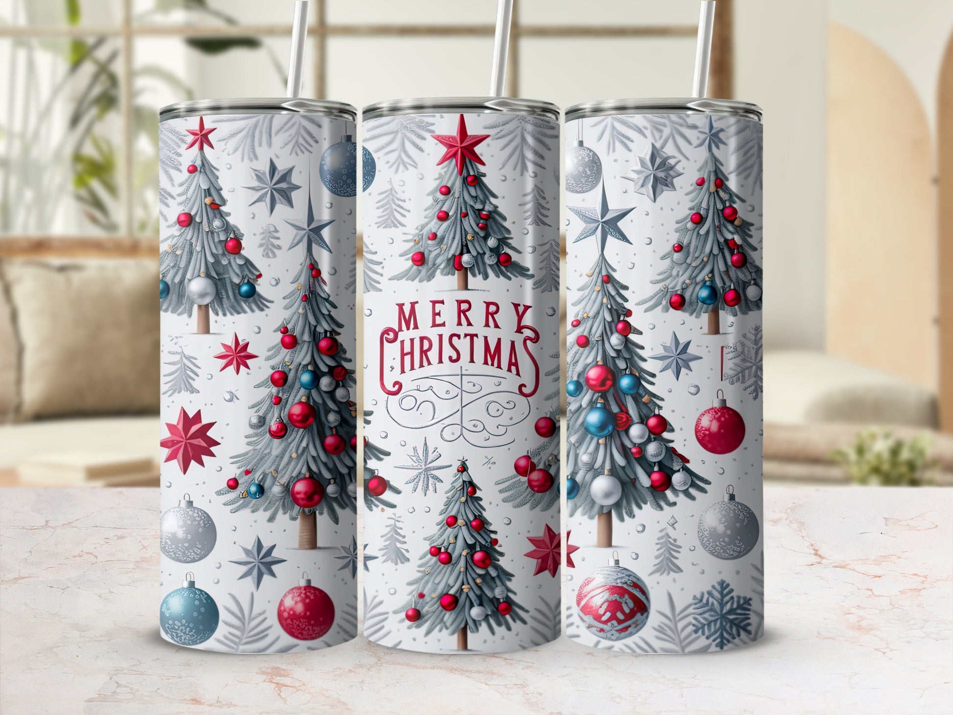 Three Christmas tumblers with trees, ornaments, and "Merry Christmas" text.