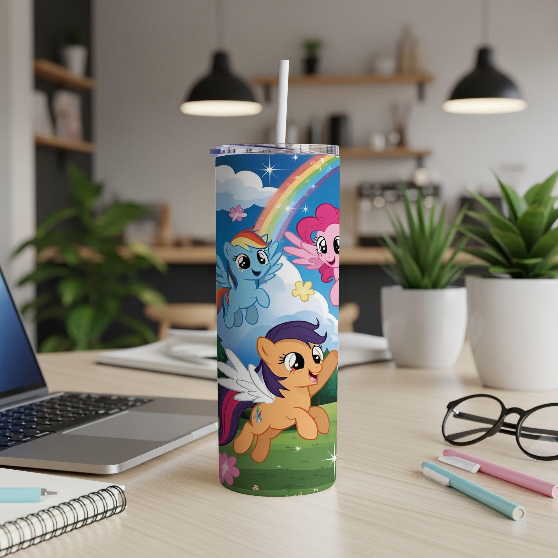 Rainbow Dash, Pinkie Pie, and Scootaloo from My Little Pony on a tumbler.