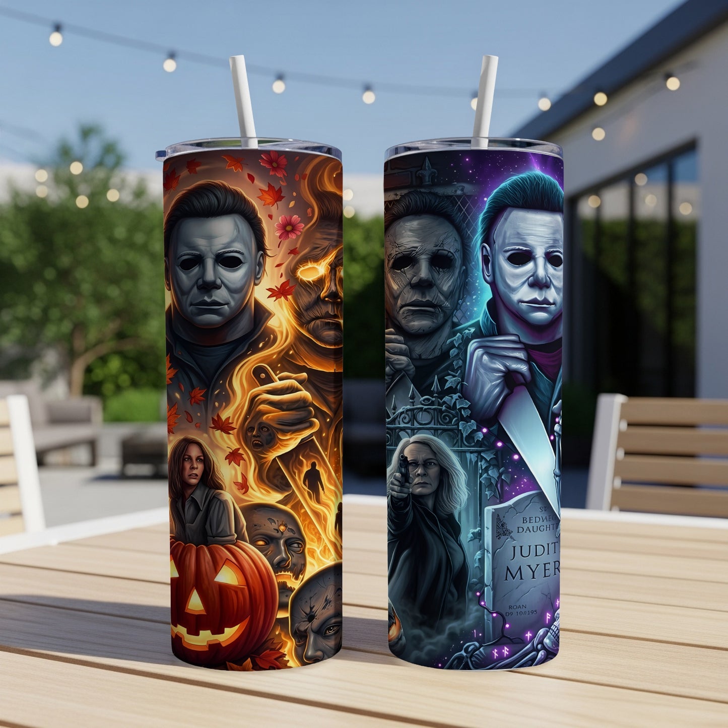 Two tumblers with horror movie imagery featuring Michael Myers and Laurie Strode.